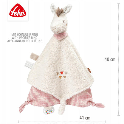 FEHN Peru kocyk do przytulania LAMA 34cm, miękki przytulak z pierścieniem na smoczek i wiązanymi końcówkami