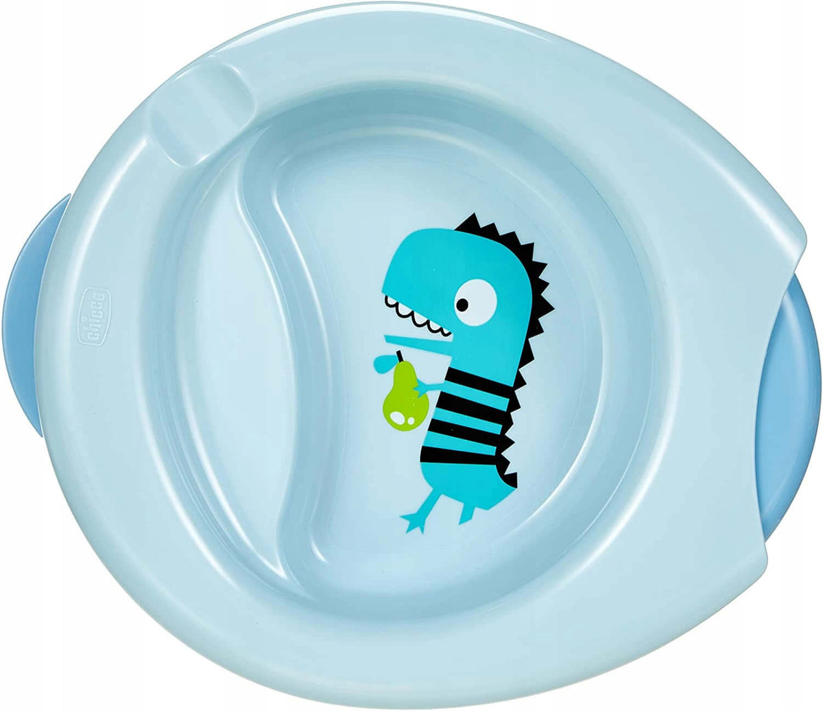 CHICCO zestaw naczyń 6msc+ niebieski talerzyk dla niemowląt z motywem dinozaura