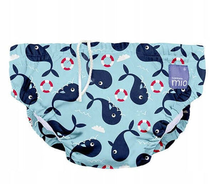 BAMBINO MIO pielucha do pływania 0-6 msc niebieska w wieloryby, majteczki do pływania dla niemowląt