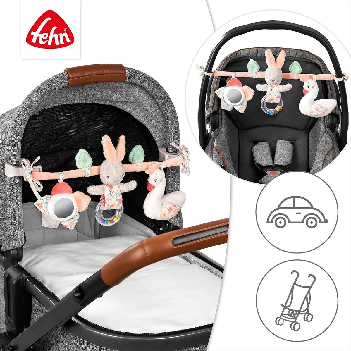 FEHN Anhängerkette für Kinderwagen, Kinderbett und Babyschale SCHWANENSEE