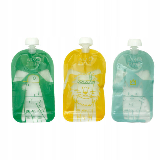 BADABULLE saszetki tubki na przeciery musy 15szt. wielorazowe 150 ml BPA free, zestaw 3 kolorowych tubek
