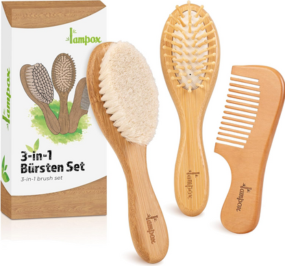 LAMPOX Holzkamm-Set für die Babypflege, 2 Bürsten und 1 Kamm