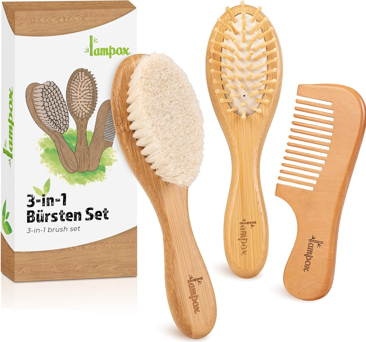 LAMPOX Holzkamm-Set für die Babypflege, 2 Bürsten und 1 Kamm