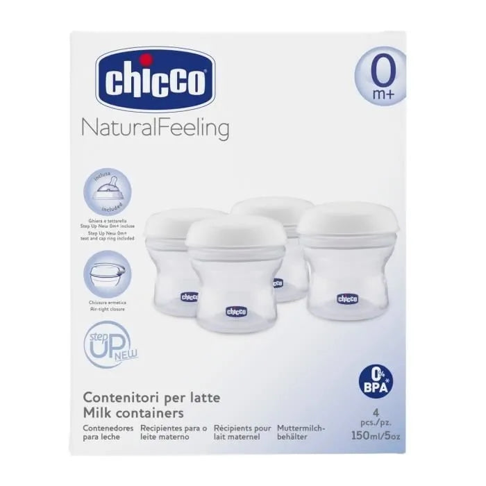 CHICCO Milchbehälter 4 x 150 ml + Schnuller mit Schraubverschluss
