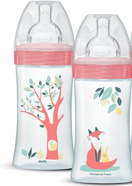 Biberon DODIE 270 ml, tetină 2 cu flux mediu, 0–6 luni, VULPEA și IEPURELE