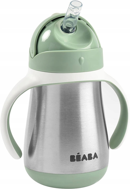 BEABA kubek niekapek ze słomką STALOWY 250 ml, zielony kubek ze stali nierdzewnej z uchwytami