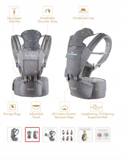 ECCOMUM nosidełko ergonomiczne z pasem biodrowym 6w1 szare, nosidełko dla niemowląt 3-36 msc z regulacją