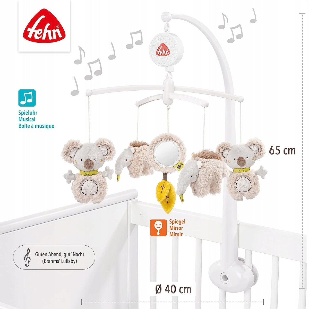 FEHN Australia KARUZELA do łóżeczka z koalą i zwierzątkami, 65 cm, średnica 40 cm, muzyczna karuzela dla niemowląt