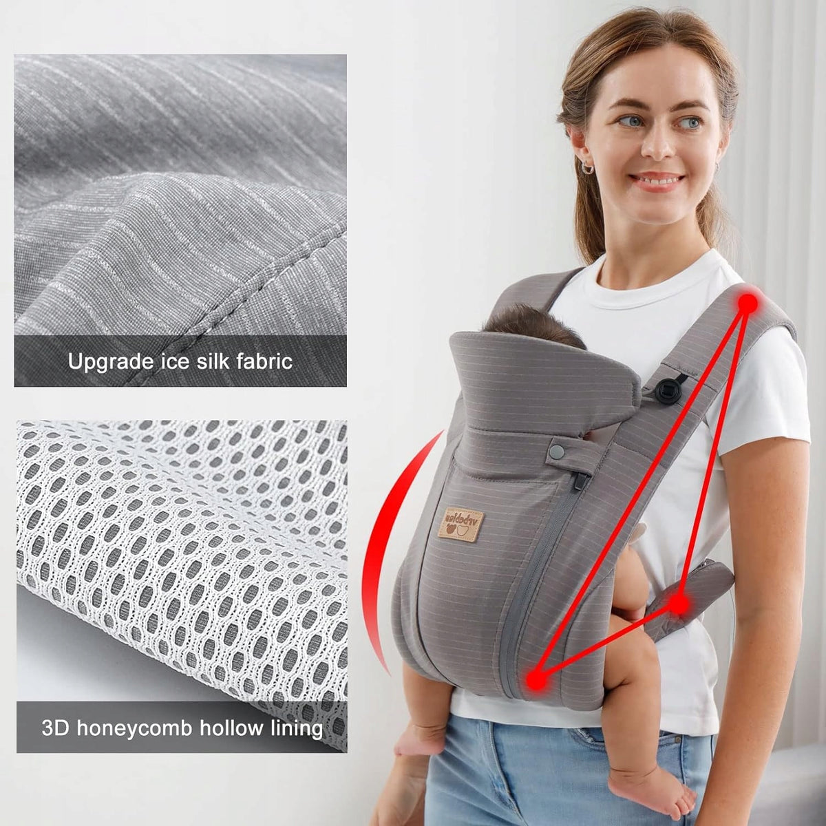 VRBABIES nosidełko ergonomiczne szare z przewiewną tkaniną i 3D honeycomb, dla dzieci 3,5-15 kg