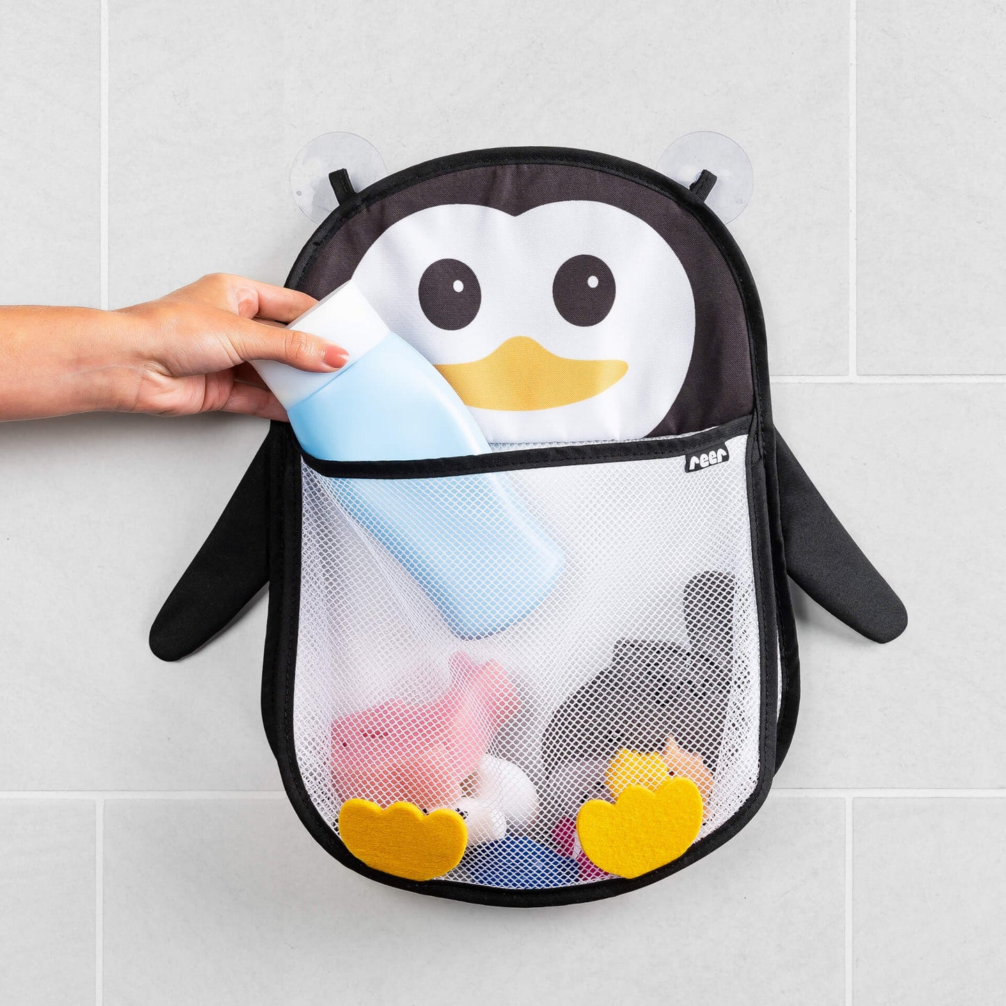 REER MyHappyPingu organizador de malla para el baño con ventosas PINGÜINO