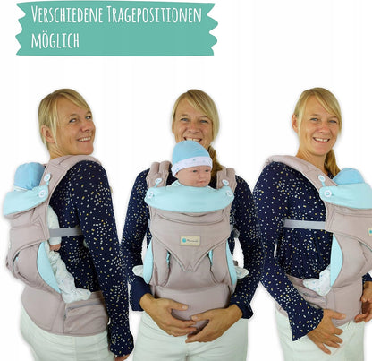 MAMMACITA nosidełko ergonomiczne do 20 kg, pokazane w różnych pozycjach noszenia dziecka