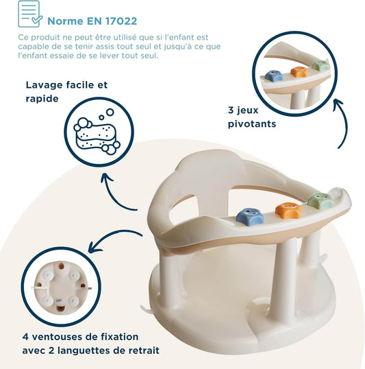 THERMOBABY krzesełko do kąpieli 6m+ z normą EN 17022, 3 obrotowymi zabawkami i 4 przyssawkami