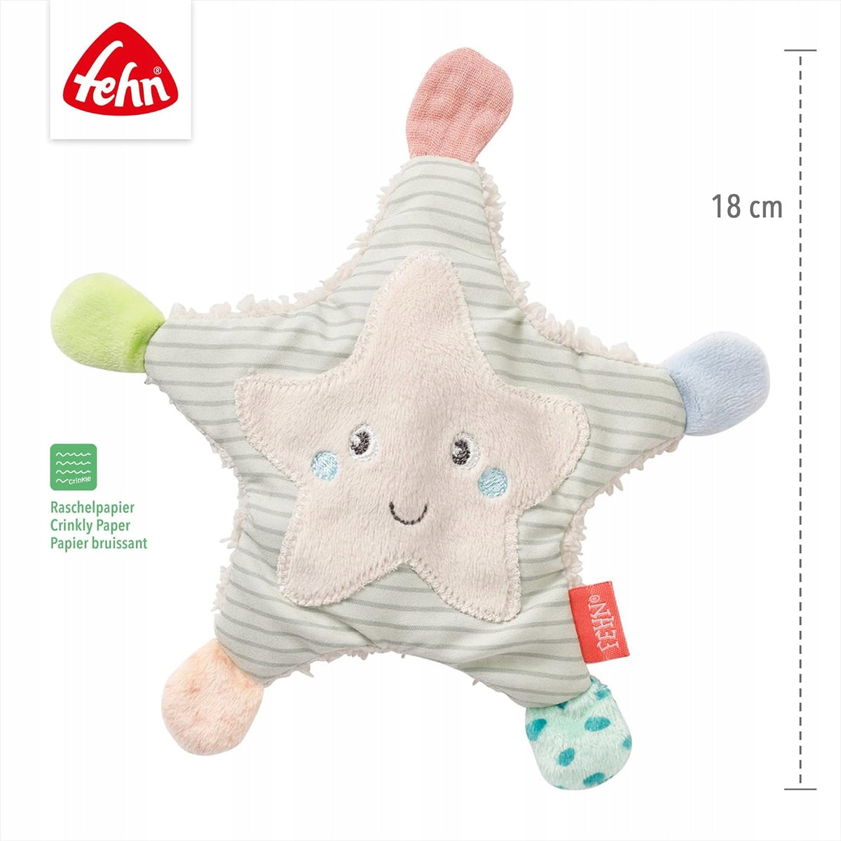 FEHN Morskie Stworzenia szeleszczący pluszowy rozgwiazda SENSOR, sensoryczna zabawka 18 cm dla niemowląt