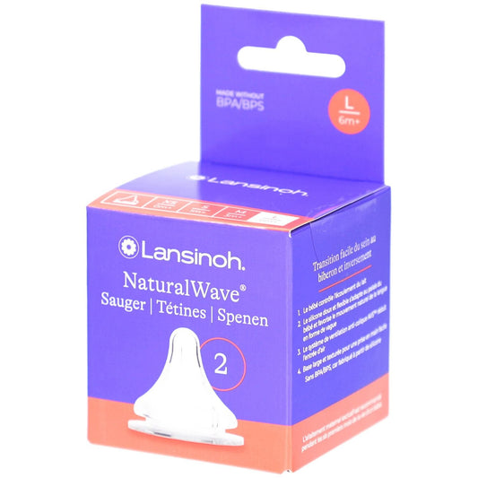 Lansinoh NaturalWave L zestaw dwóch smoczków 6m+ opakowanie z przodu i prawego boku