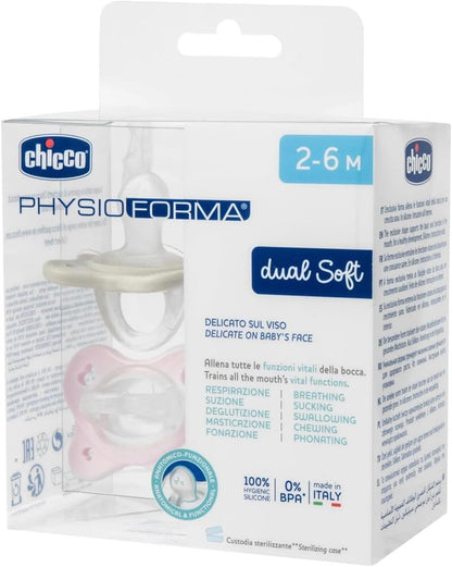 Opakowanie zestawu dwóch smoczków Chicco PhysioForma Dual Soft, różowego i szarego, z oznaczeniem 2–6 miesięcy.